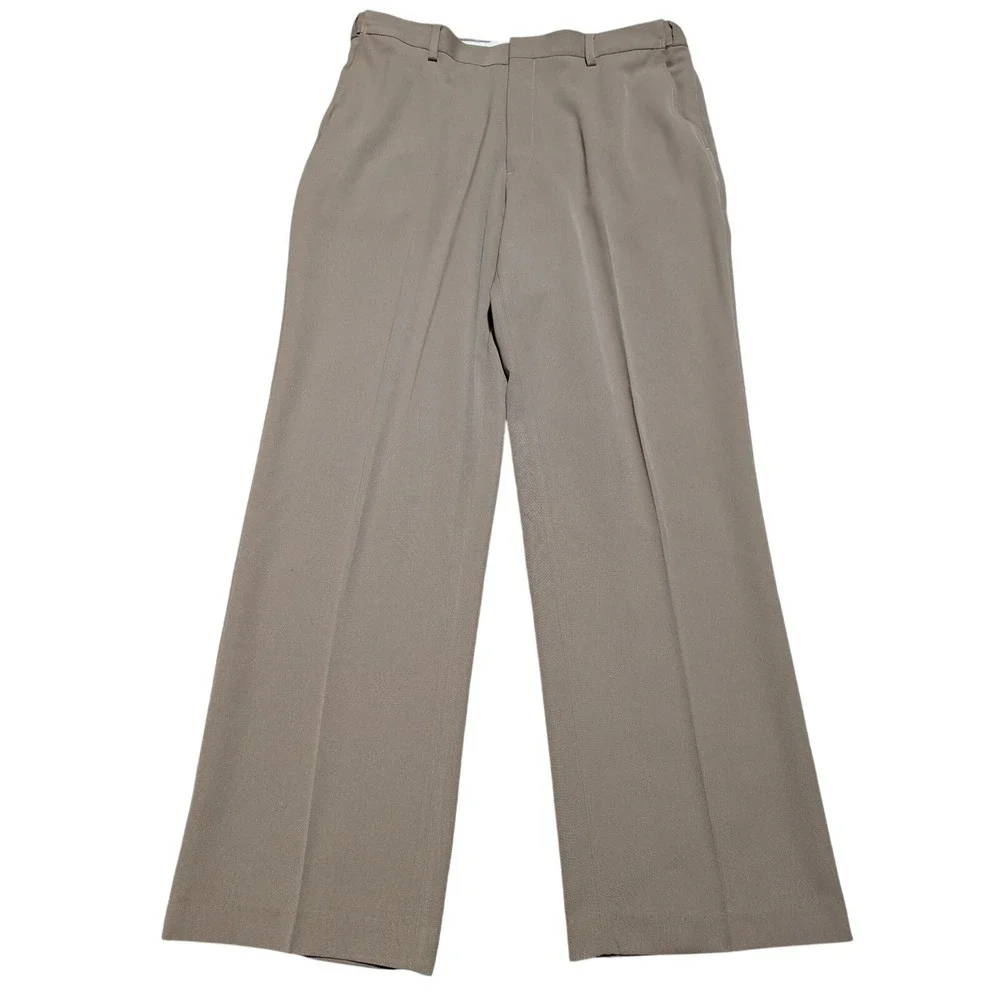 LL Bean Dress Pants Mens 36x32 Tan Brown‎ Straight Leg Flat Front Polyester Work